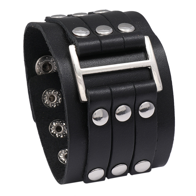 Vintage Multilayer Rivet Leather Bracelet - Black