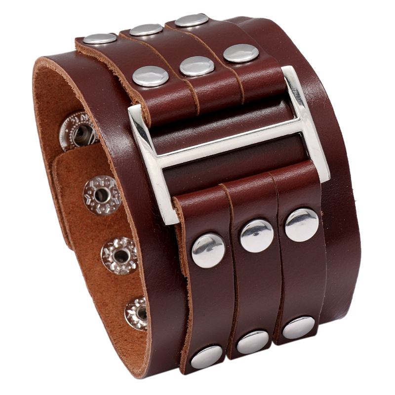 Vintage Multilayer Rivet Leather Bracelet - Brown