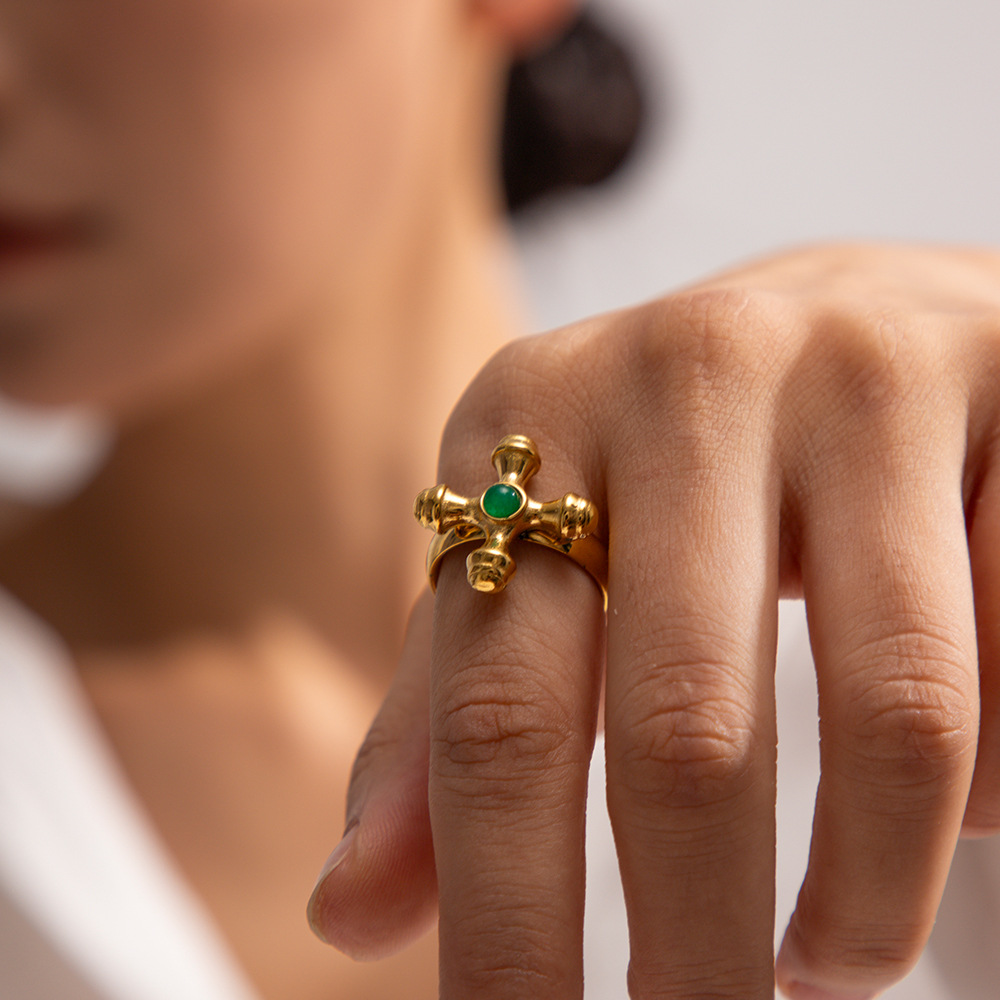 Stainless Steel Inlaid Stone Cross Ring 3
