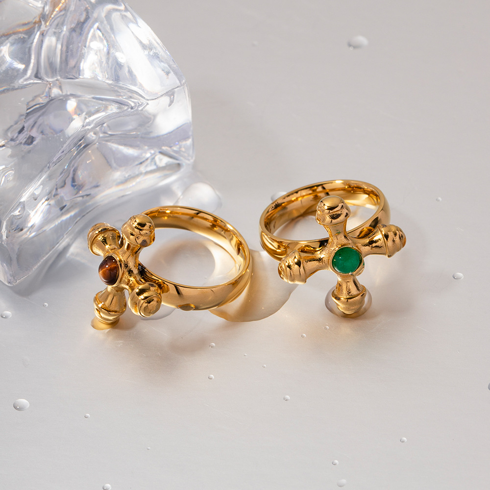 Stainless Steel Inlaid Stone Cross Ring 6