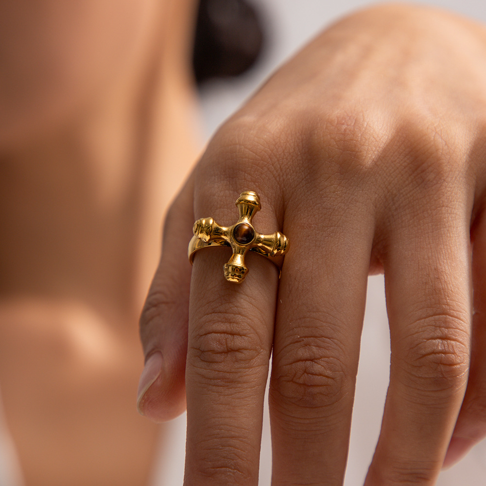 Stainless Steel Inlaid Stone Cross Ring 4