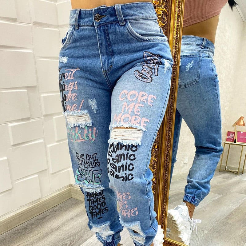 Women's Solid Ripped Alphabet Jeans Blue