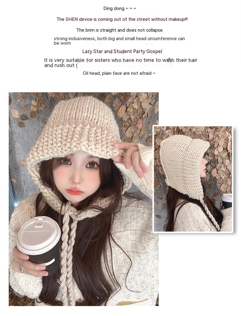 Beige Knitted Wool Lace-up Earmuffs Hat