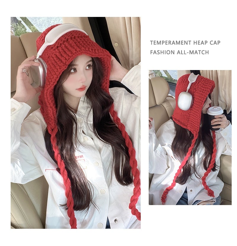 Black Knitted Wool Lace-up Earmuffs Hat