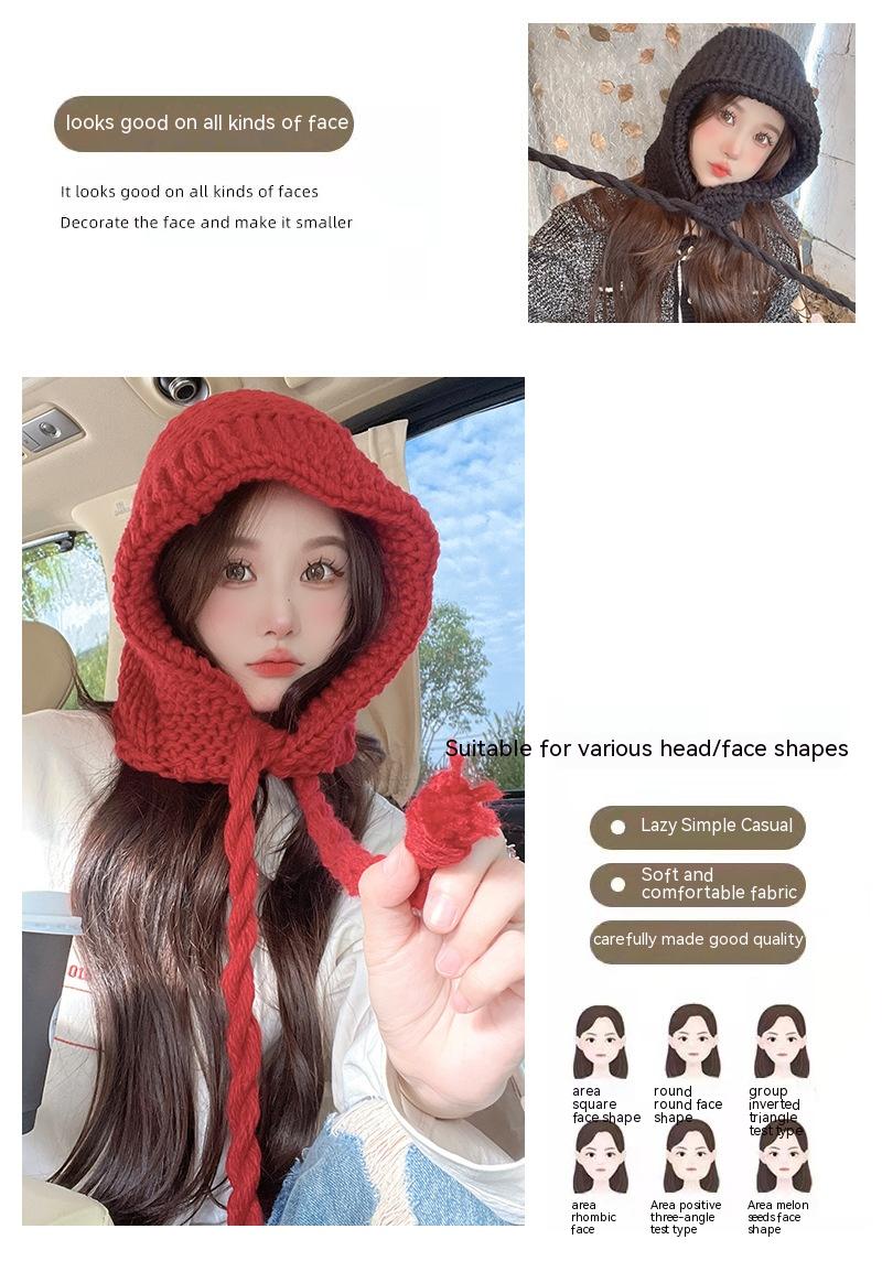 Red Knitted Wool Lace-up Earmuffs Hat