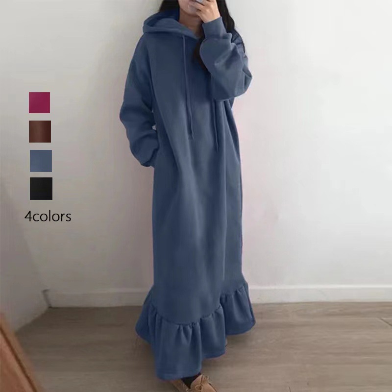 Women's Fleece-lined Hoodie Loose Dress in action