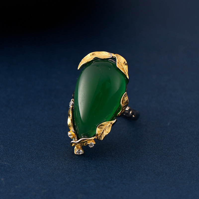 S925 Silver Tree Leaf Edge Inlaid Malachite Ring Image 4