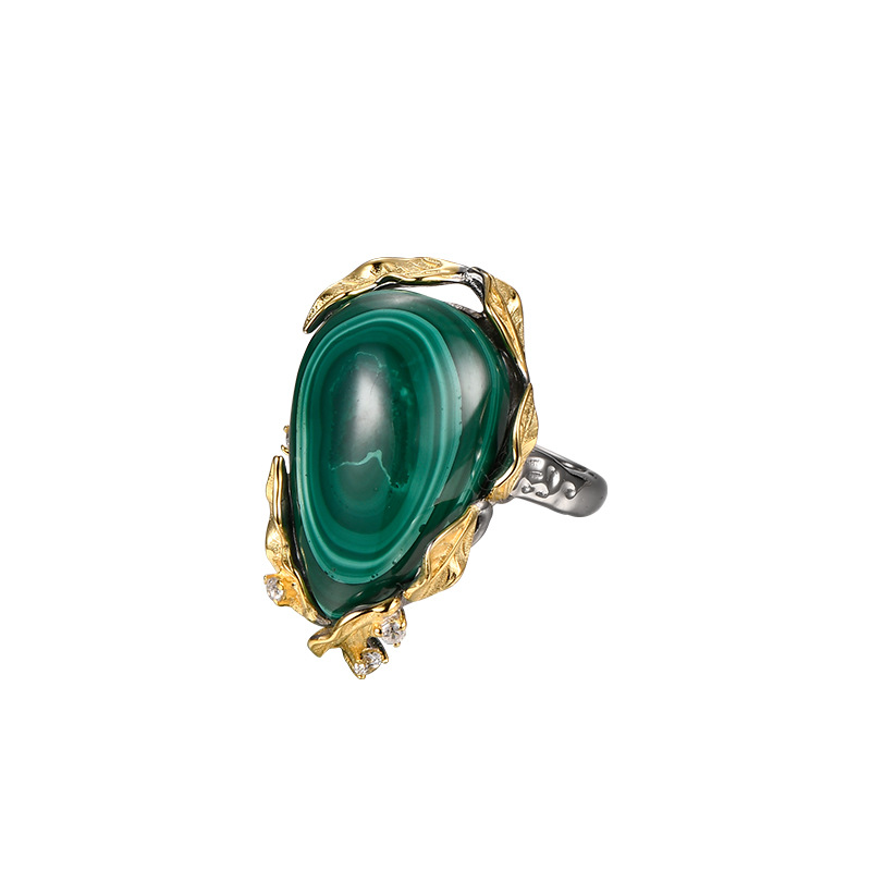 S925 Silver Tree Leaf Edge Inlaid Malachite Ring Image 5