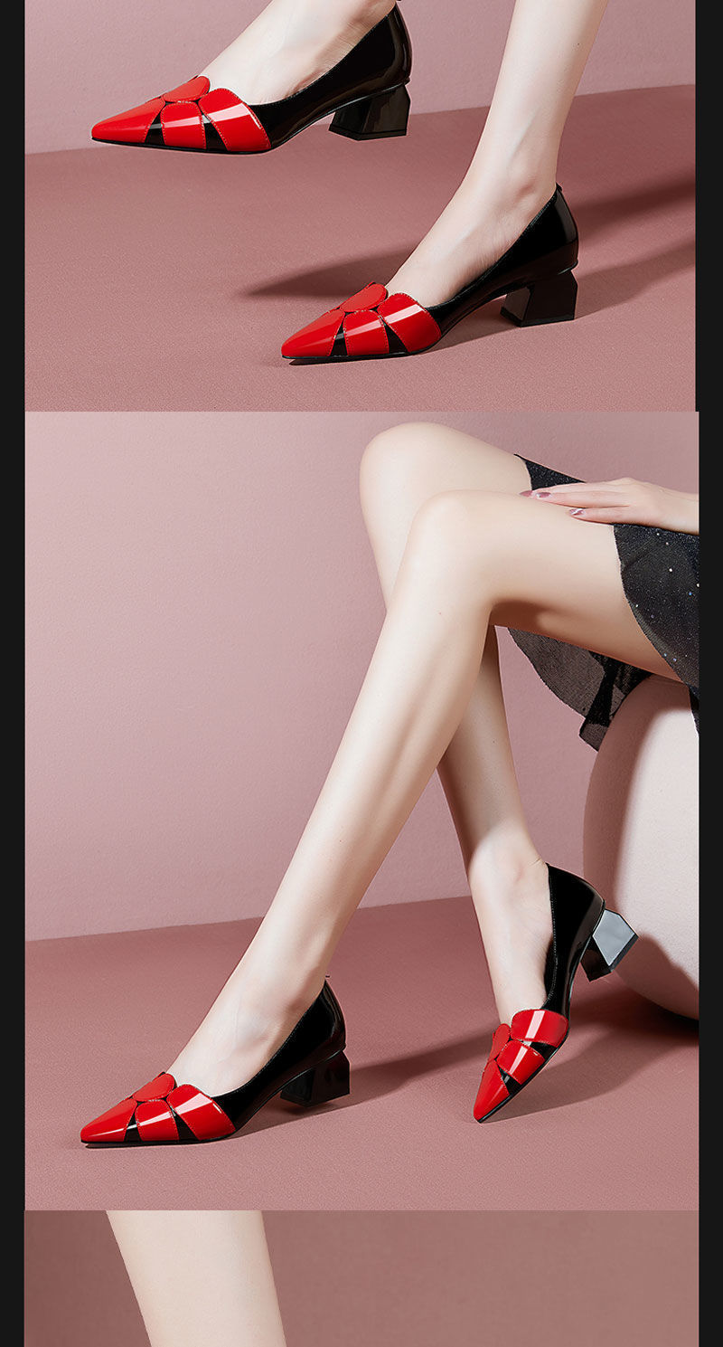Red Thick Heel Flat Soft Leather Women’s Shoes Image 6
