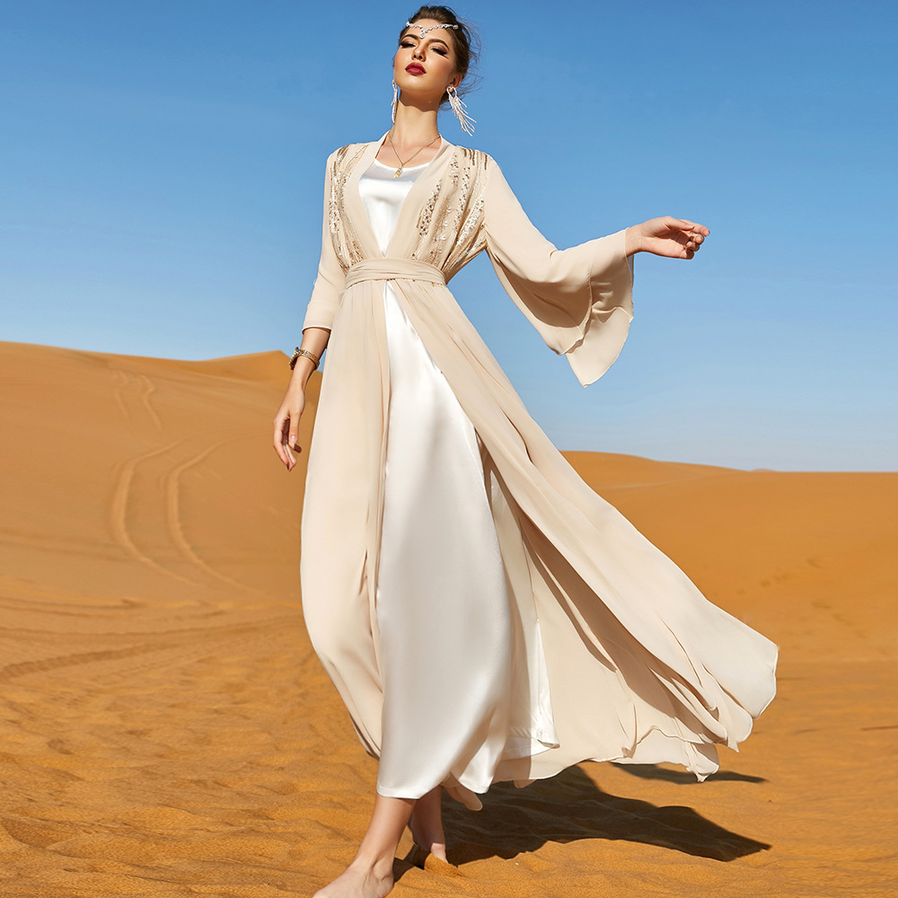 Beige Double-layer Chiffon Fashionable Outerwear Dress Image 4