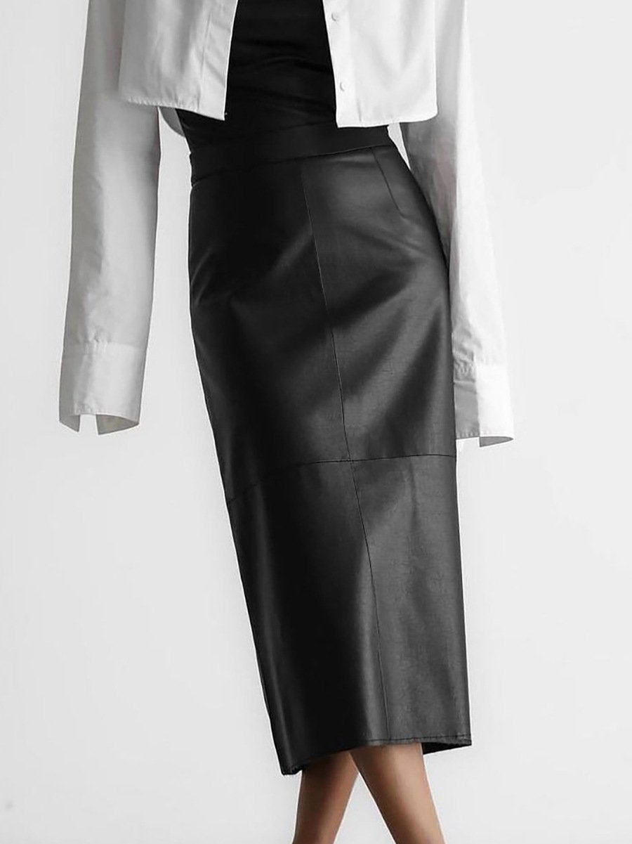 French Fashion Sexy Slit High Waist Leather Straight Skirt Image 11