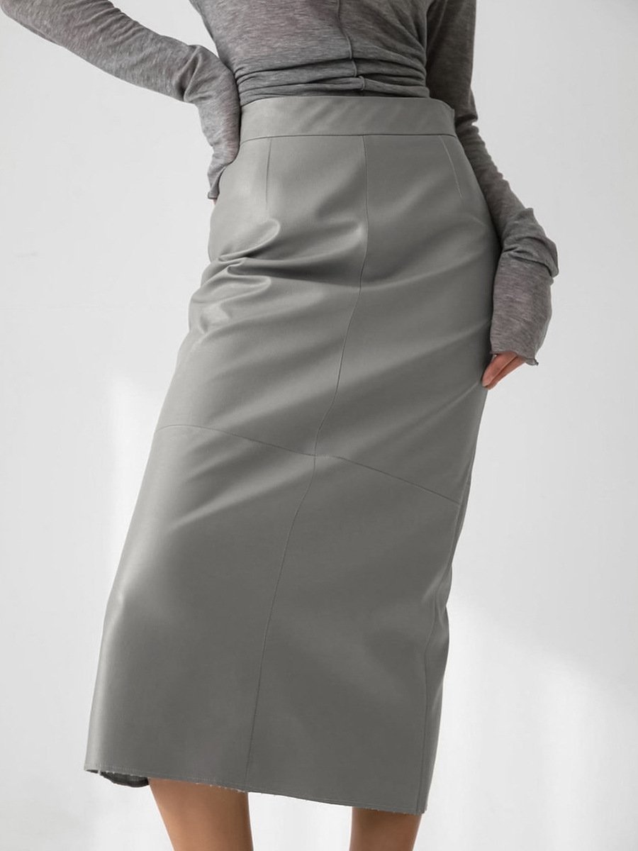 French Fashion Sexy Slit High Waist Leather Straight Skirt Image 3