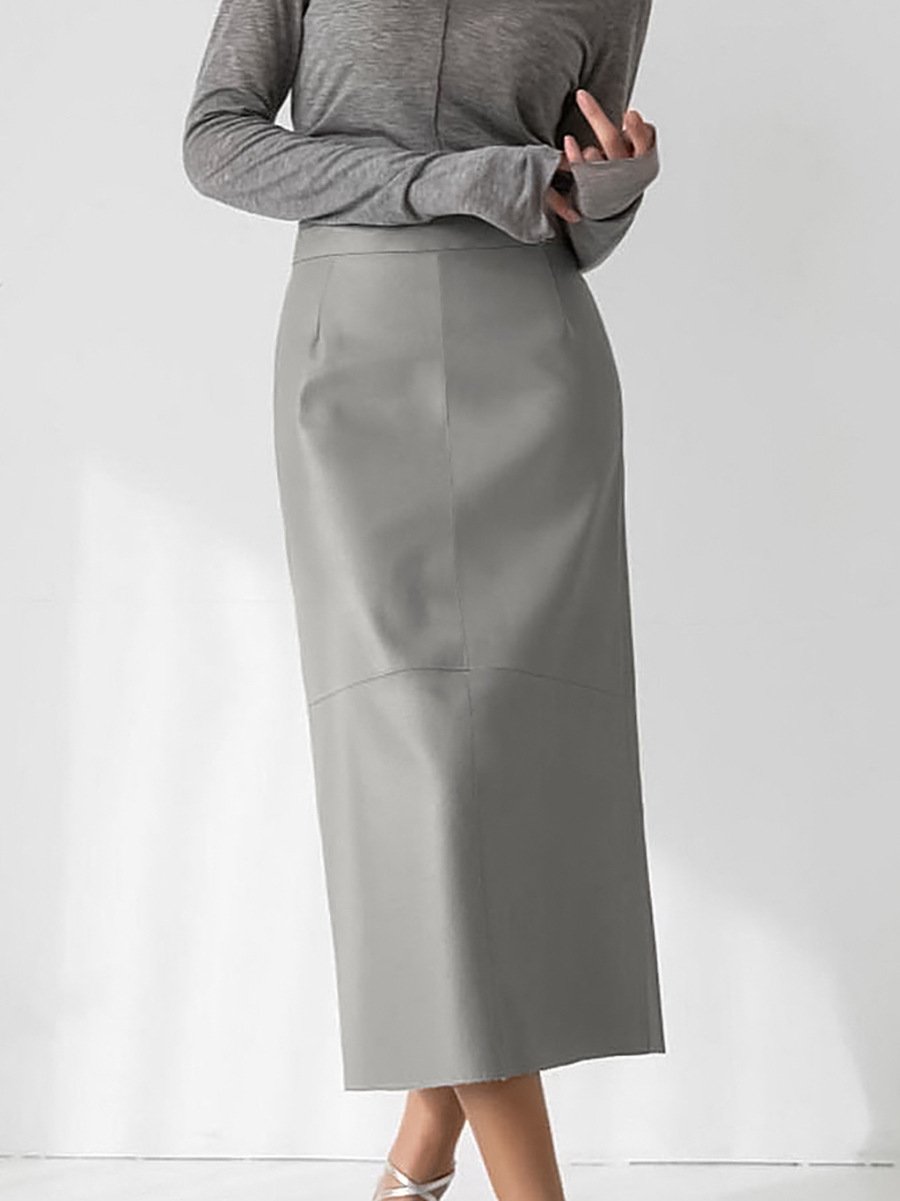 French Fashion Sexy Slit High Waist Leather Straight Skirt Image 12
