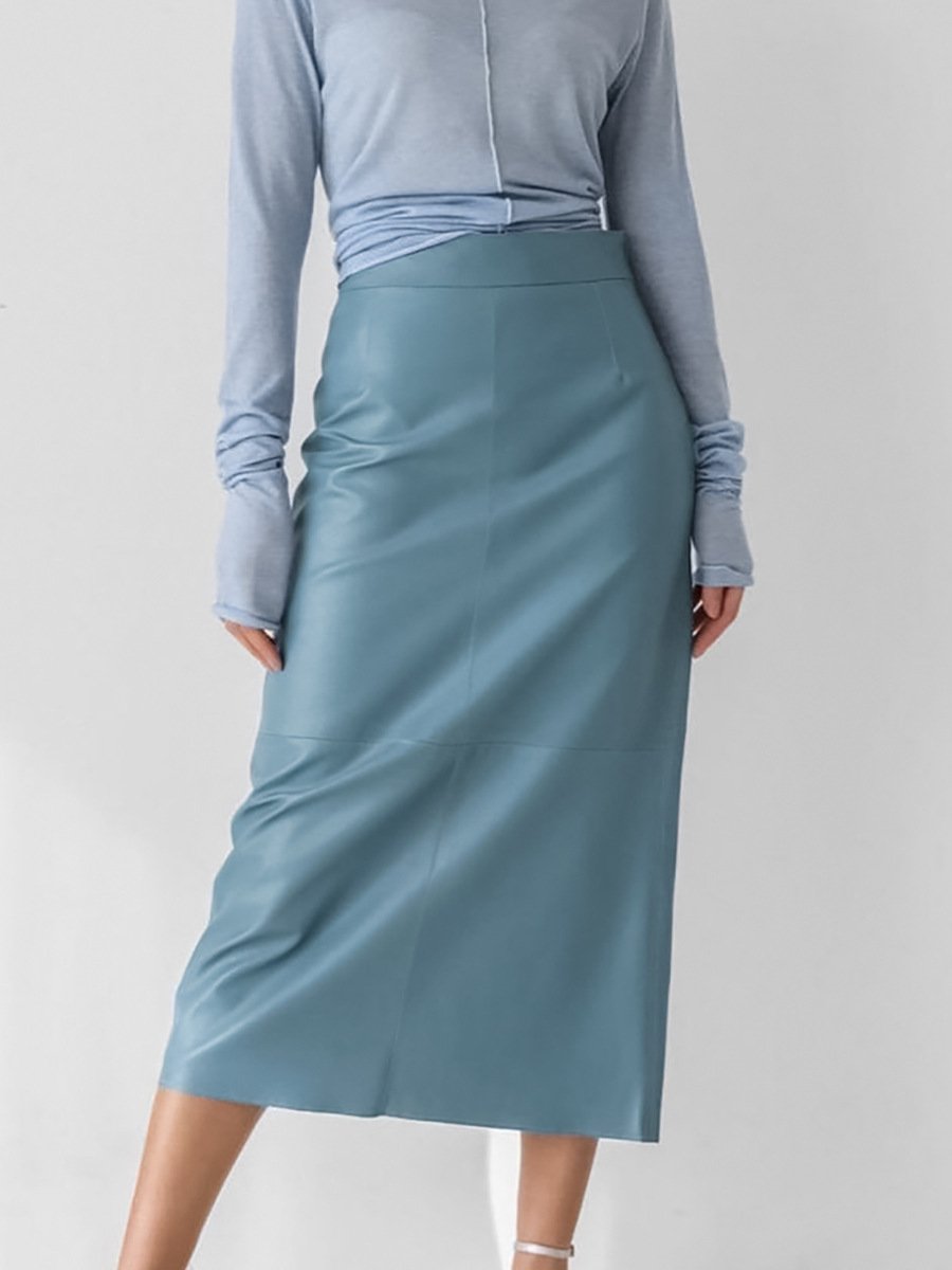 French Fashion Sexy Slit High Waist Leather Straight Skirt Image 2