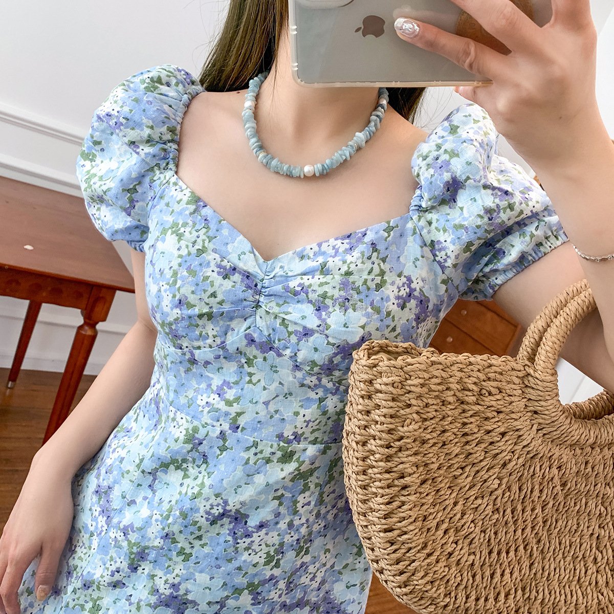 Linen Puff Sleeve Mid-length Dress 7