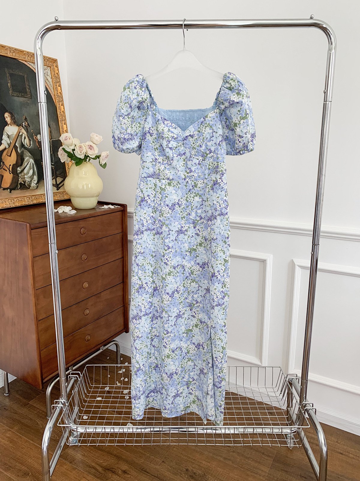 Linen Puff Sleeve Mid-length Dress 11