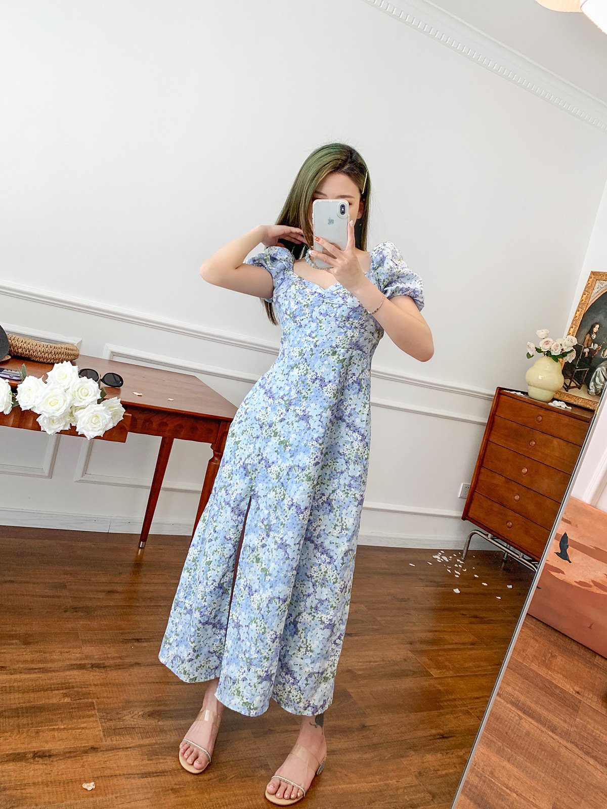 Linen Puff Sleeve Mid-length Dress 2