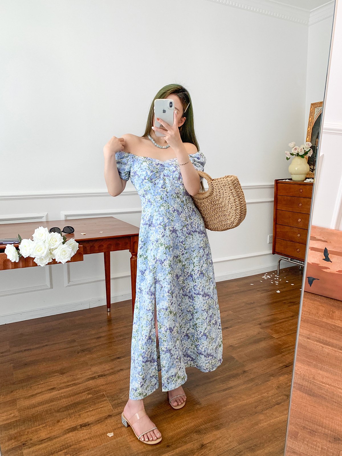 Linen Puff Sleeve Mid-length Dress 4