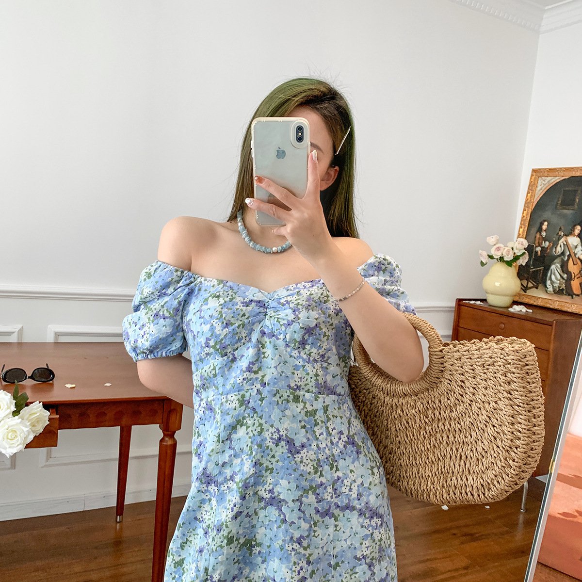 Linen Puff Sleeve Mid-length Dress 10