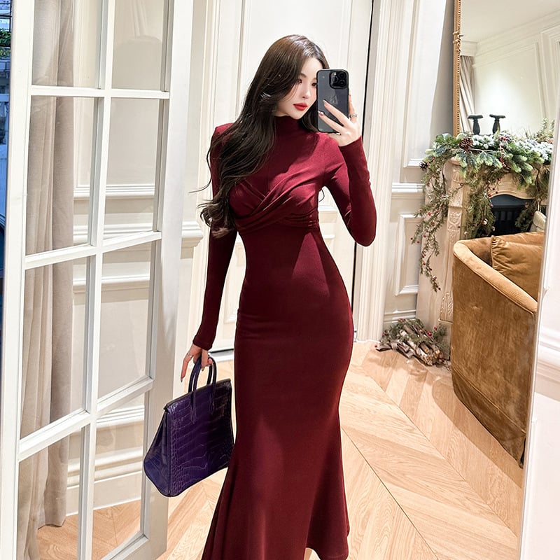 Retro Long Sleeve Slim Dress Image 3