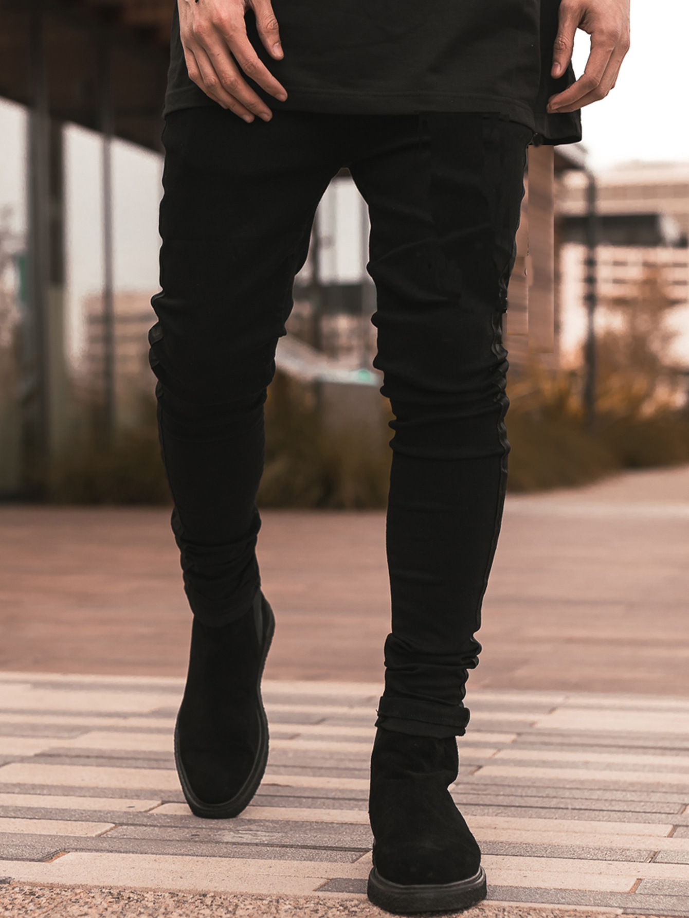 Men's Ripped Black Slim-fit High Waist Denim Trousers Image 2