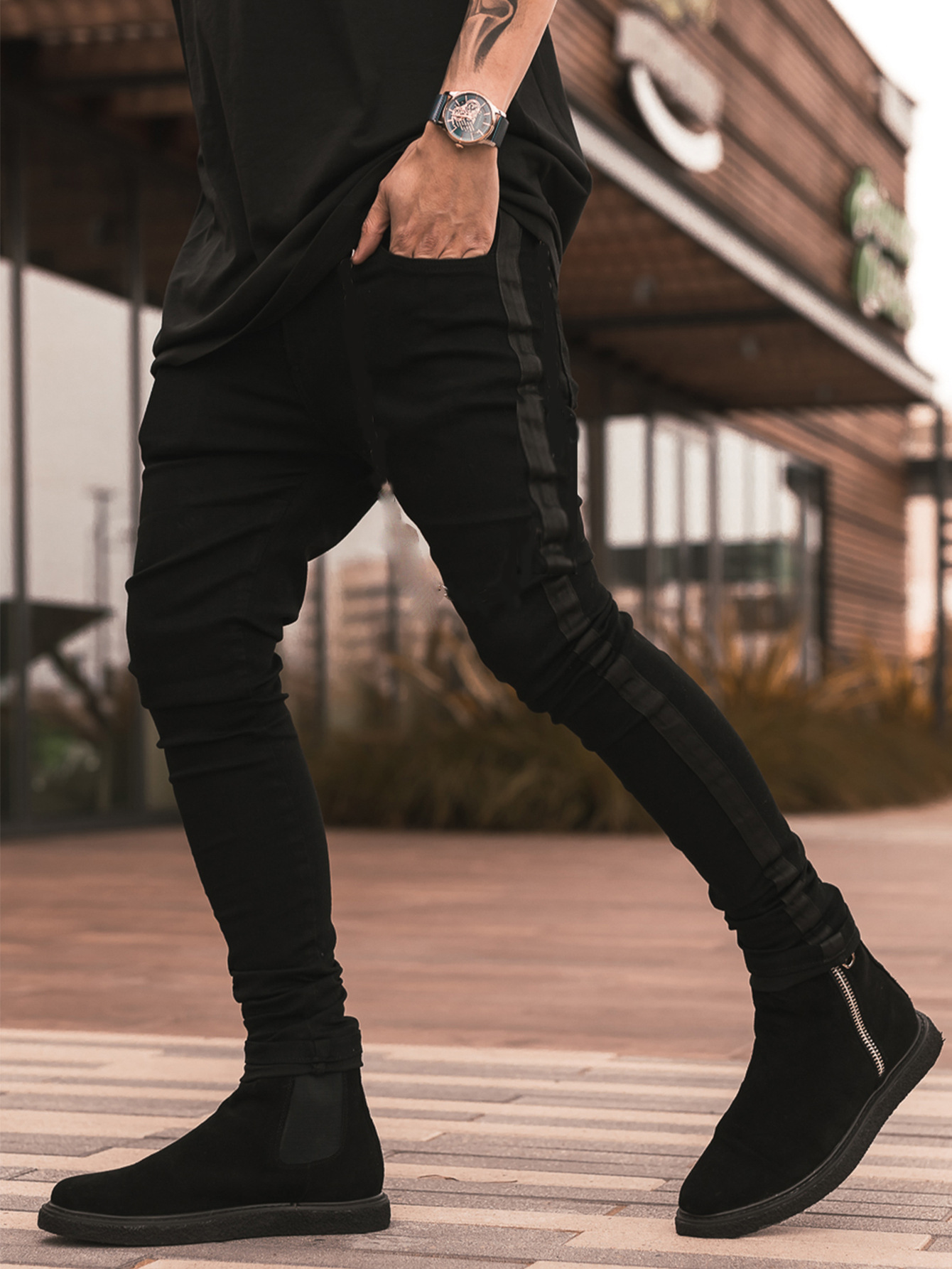 Men's Ripped Black Slim-fit High Waist Denim Trousers Image 3