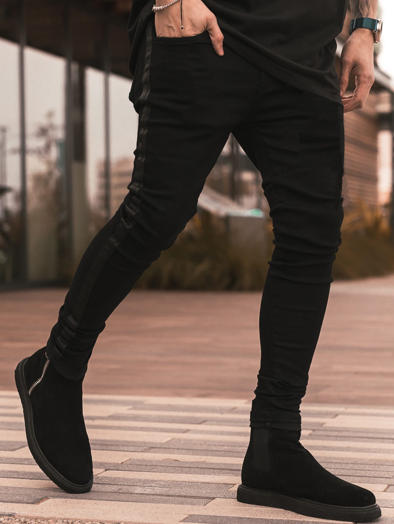 Men's Ripped Black Slim-fit High Waist Denim Trousers Image 4