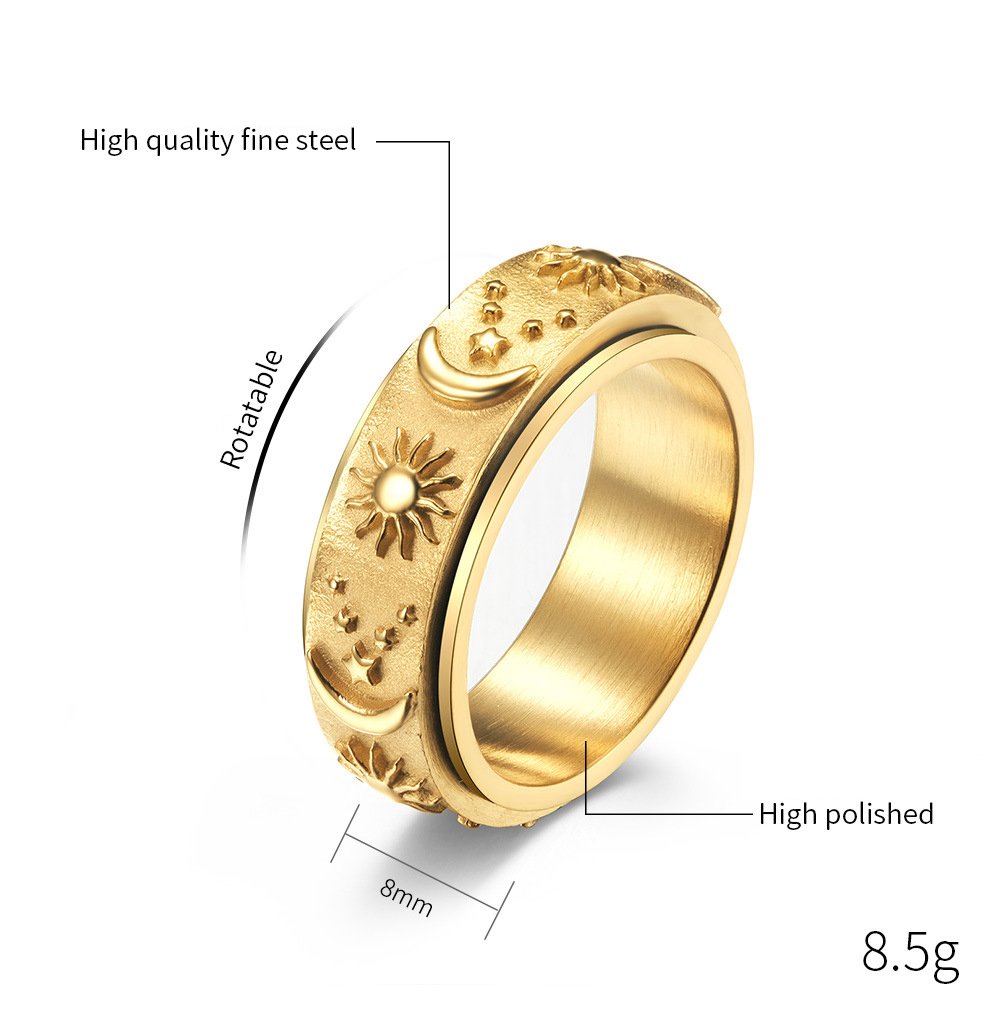 Stars Sun Moon Rotatable Titanium Steel Ring 9