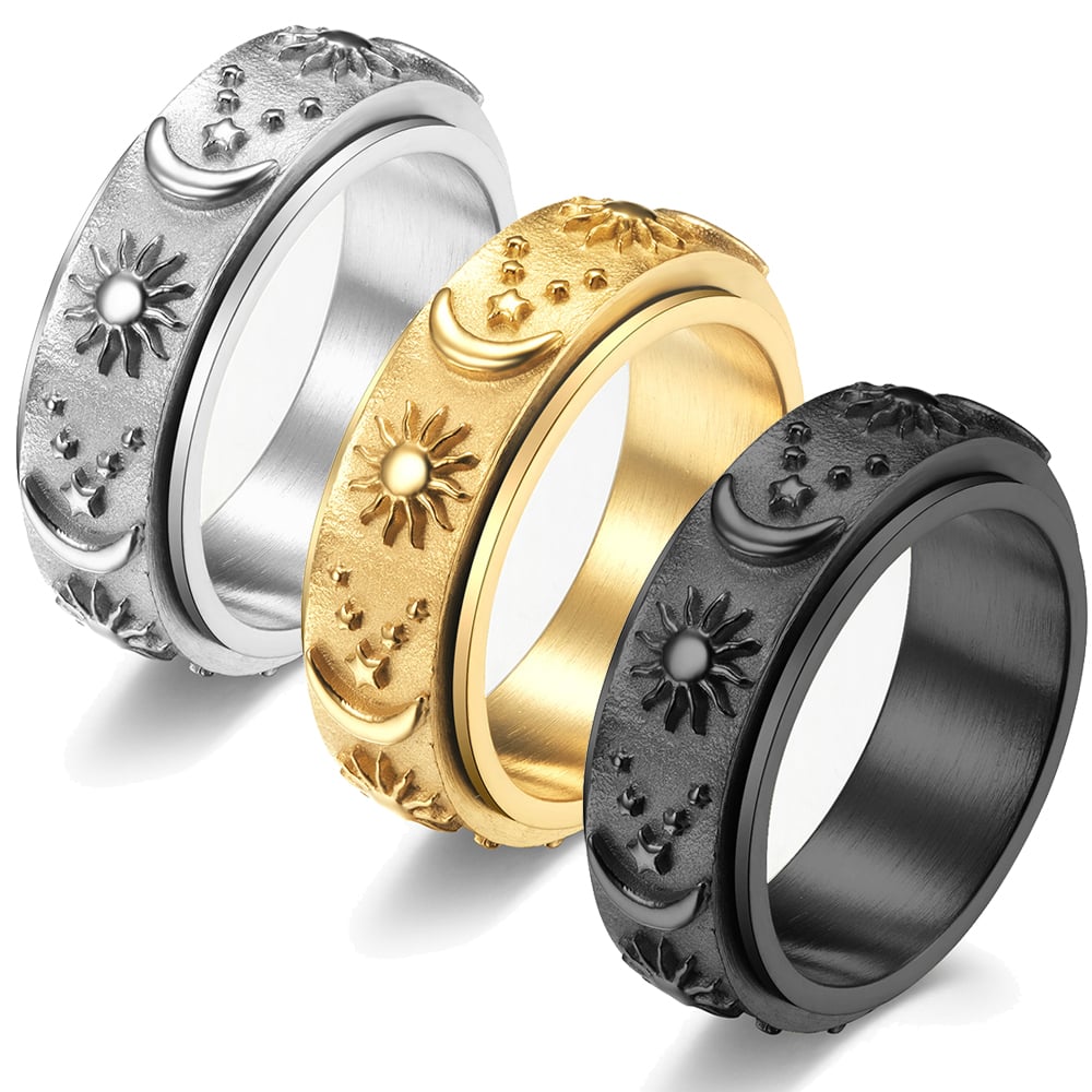 Stars Sun Moon Rotatable Titanium Steel Ring 7
