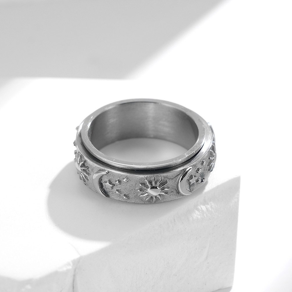 Stars Sun Moon Rotatable Titanium Steel Ring 6