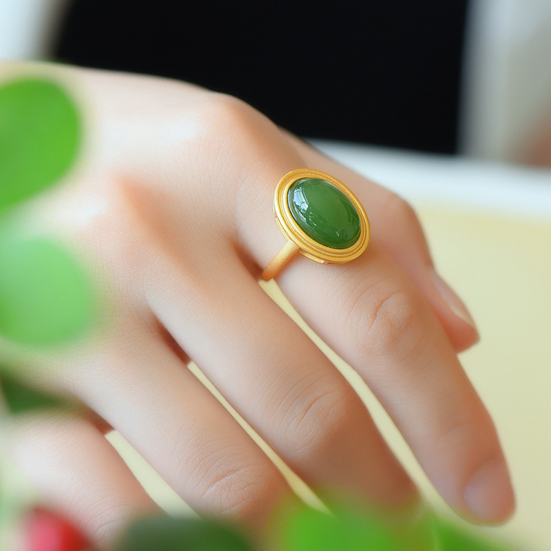 Women's White Jade Emerald Retro Natural Hetian Jade Ring - Red