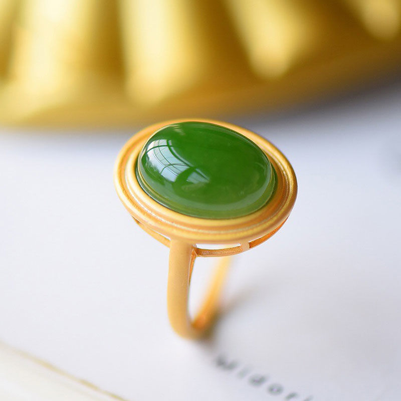 Women's White Jade Emerald Retro Natural Hetian Jade Ring - Side View