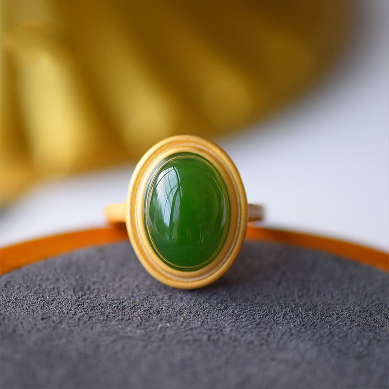 Women's White Jade Emerald Retro Natural Hetian Jade Ring - Green