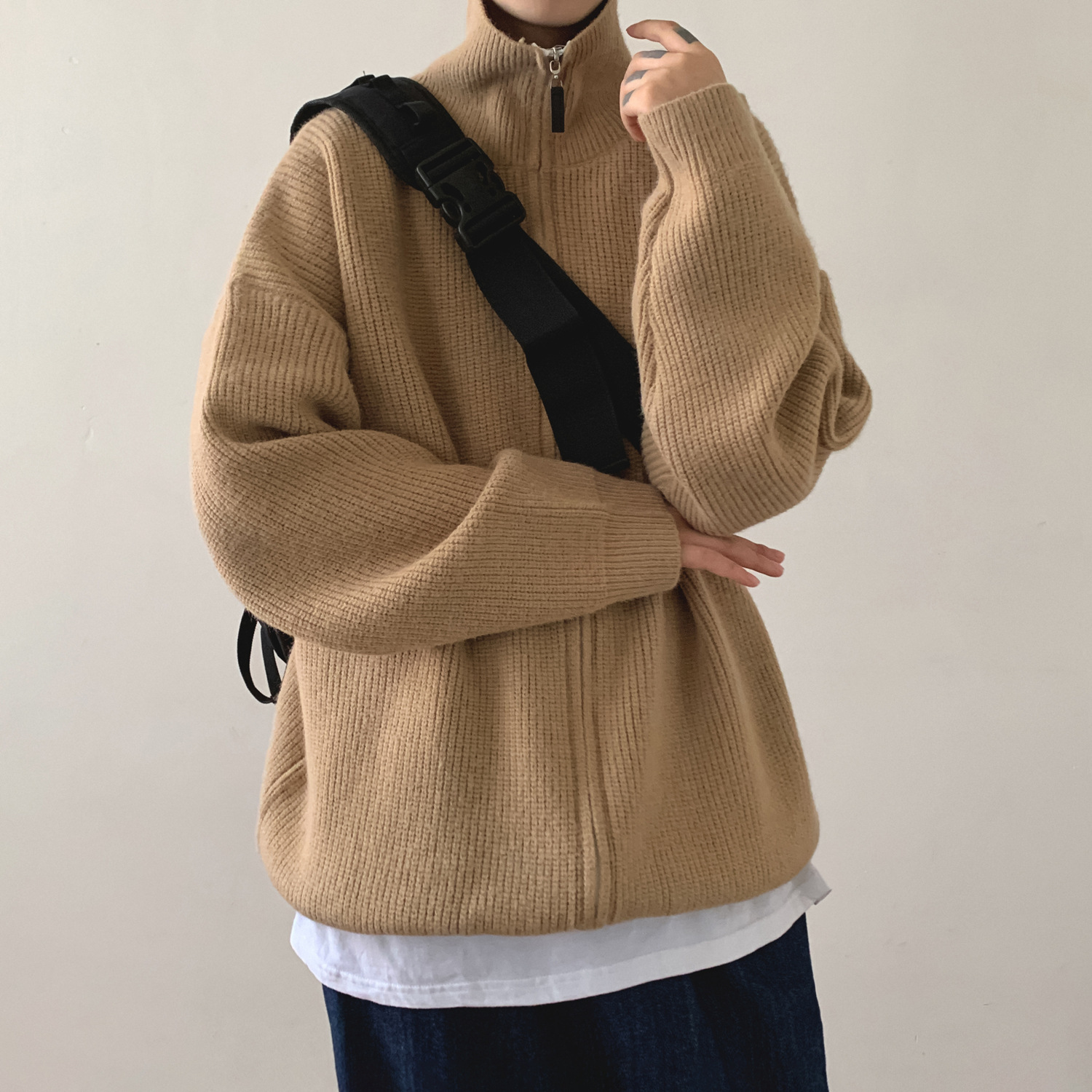 Men's Thick Solid Color Turtleneck Zipper Knitwear Cardigan Sweater - Image 5