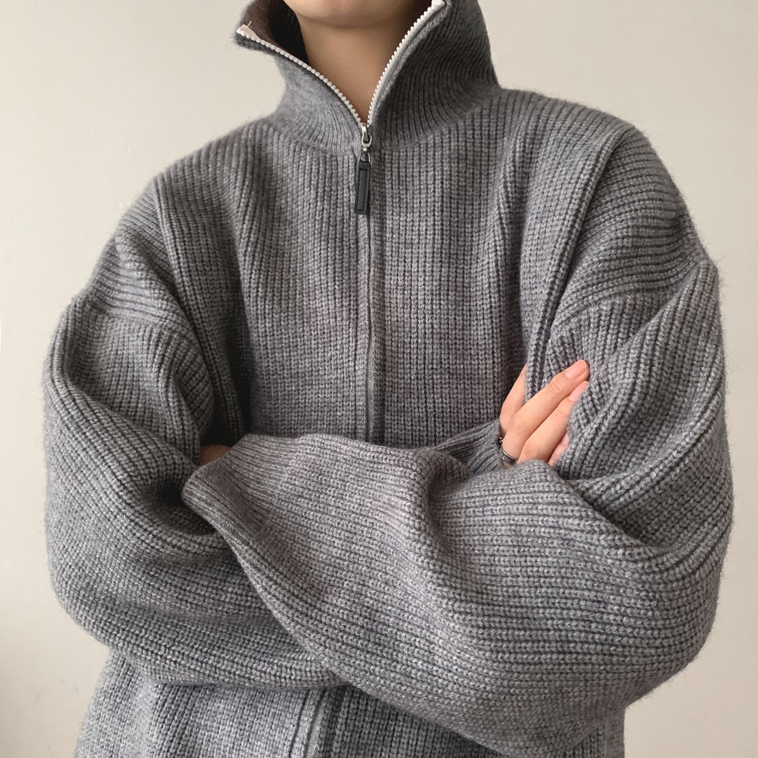 Men's Thick Solid Color Turtleneck Zipper Knitwear Cardigan Sweater - Image 4