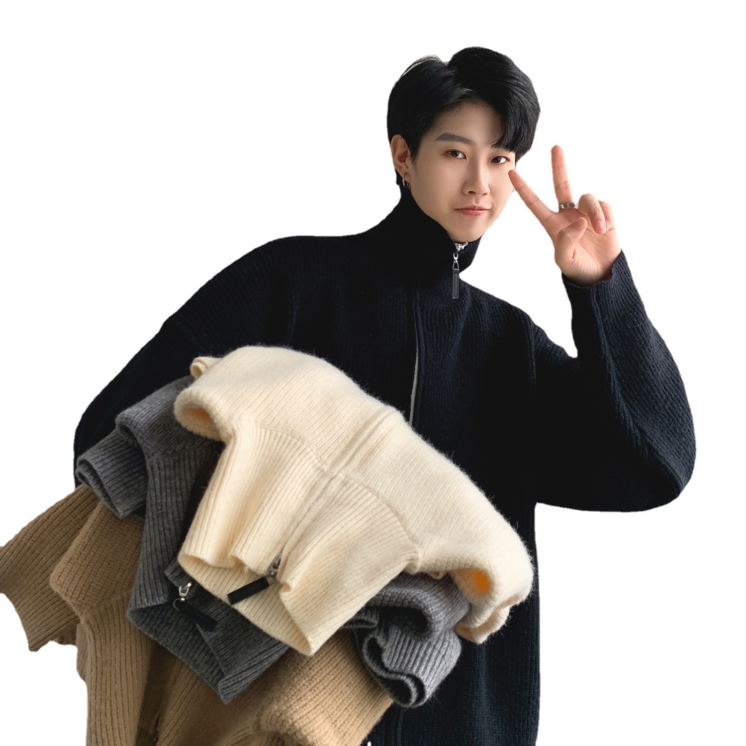 Men's Thick Solid Color Turtleneck Zipper Knitwear Cardigan Sweater - Image 3