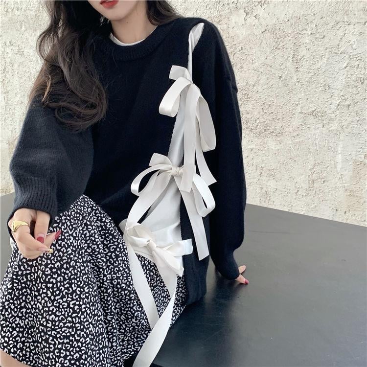 Ladies Bowknot Round Neck Pullover