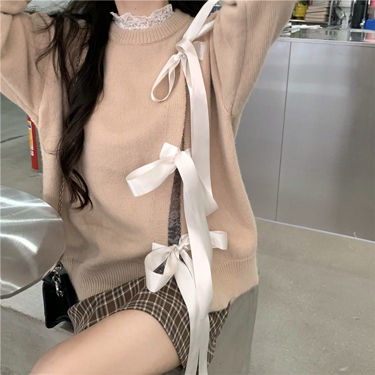 Ladies Bowknot Round Neck Pullover