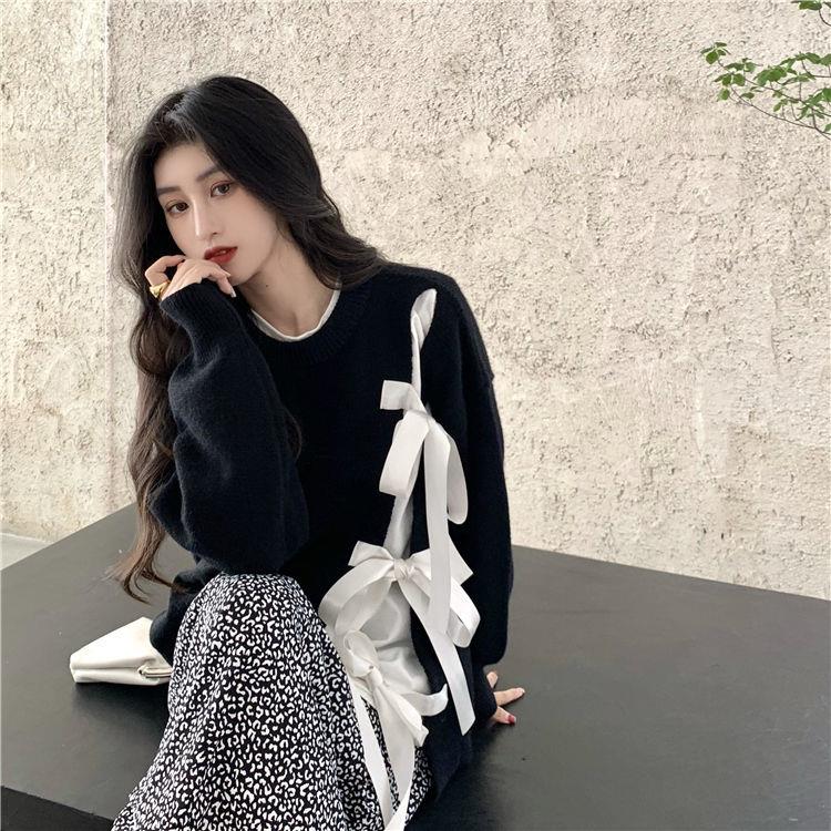 Ladies Bowknot Round Neck Pullover
