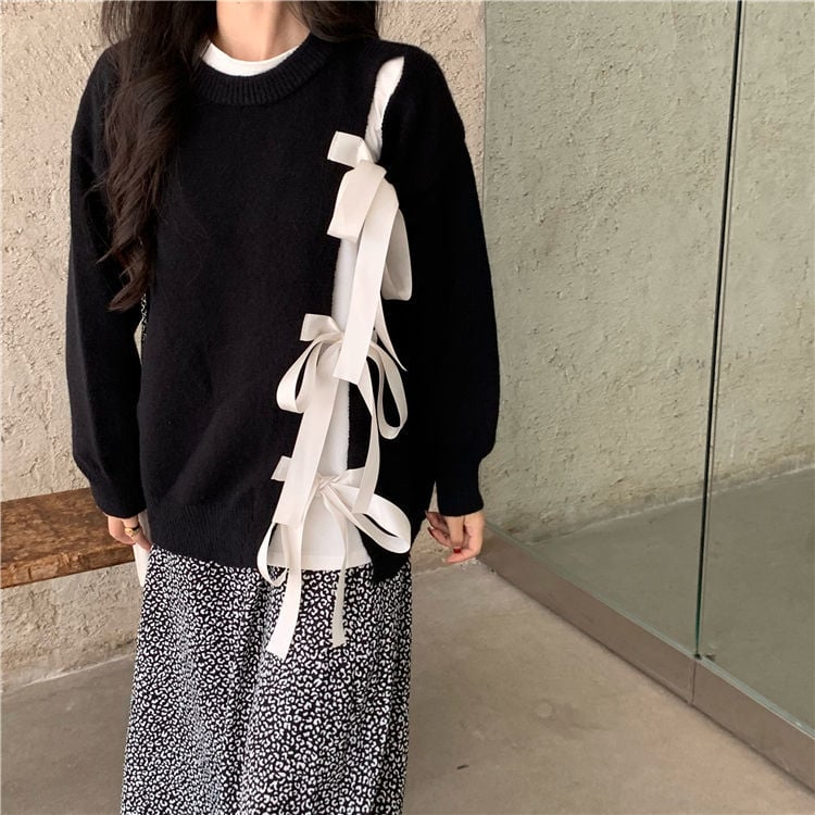 Ladies Bowknot Round Neck Pullover