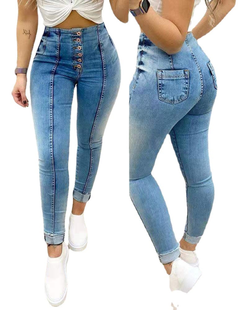 Women'S Hip-Lifting Slim High-Waist Denim Trousers