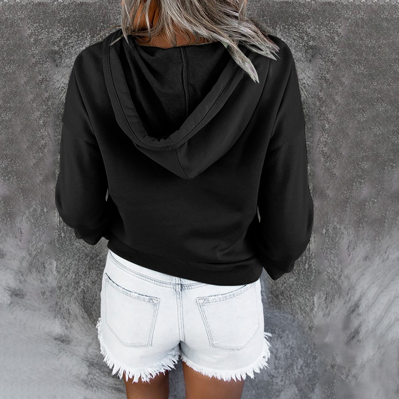 Loose Casual Hooded Drawcord Pocket Button Guard