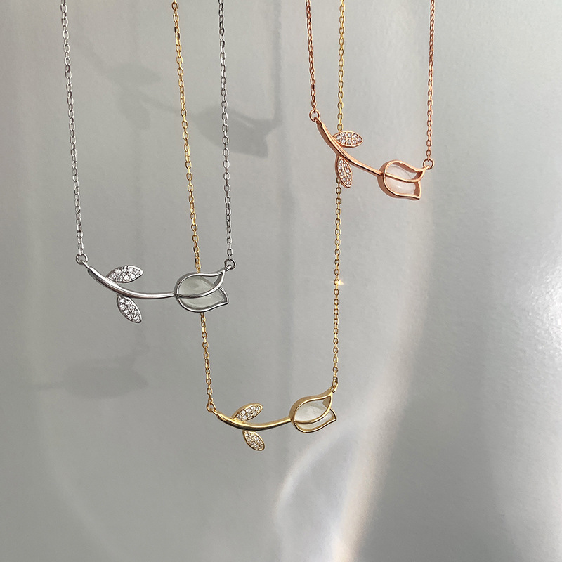 Collar de Tulipán Rosa de Plata de Ley S925 - Plata