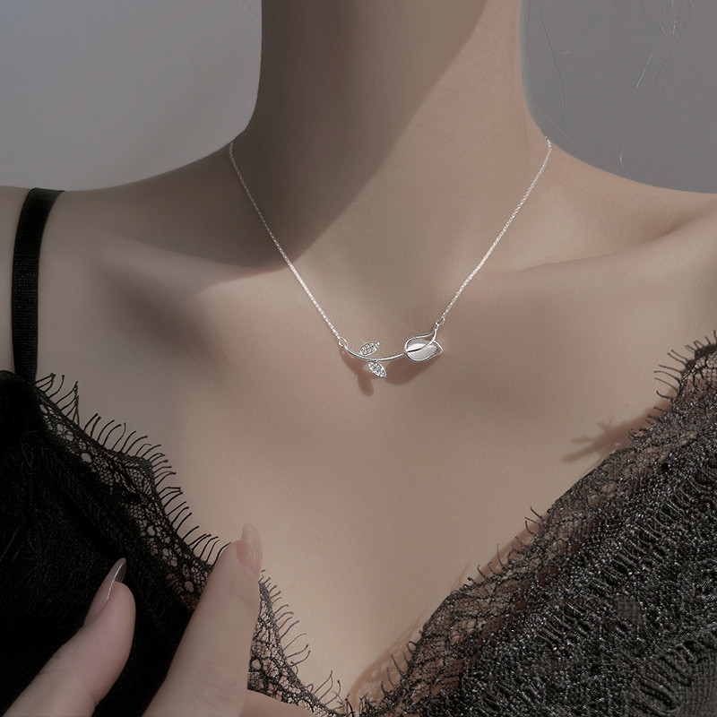 Collar de Tulipán Rosa de Plata de Ley S925 - Oro