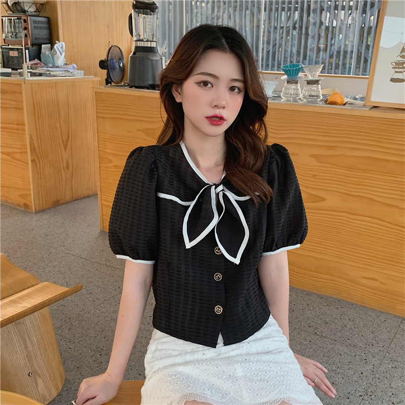 Bowknot Short-sleeved Shirt in White