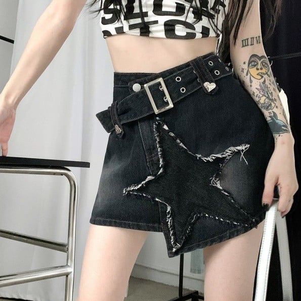 Hot Girl Retro Denim Skirt Outfit Inspiration
