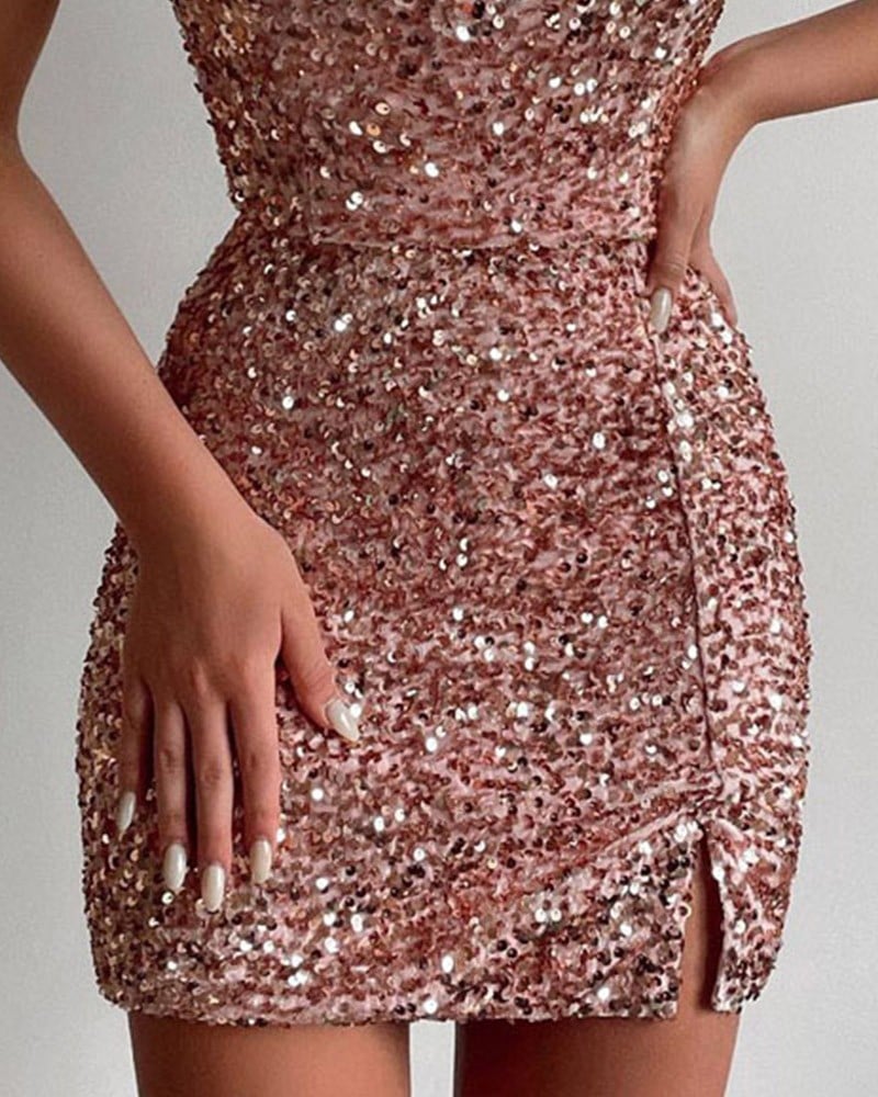 Women's Fashion Halter Sheath Sequins Dress Image 3