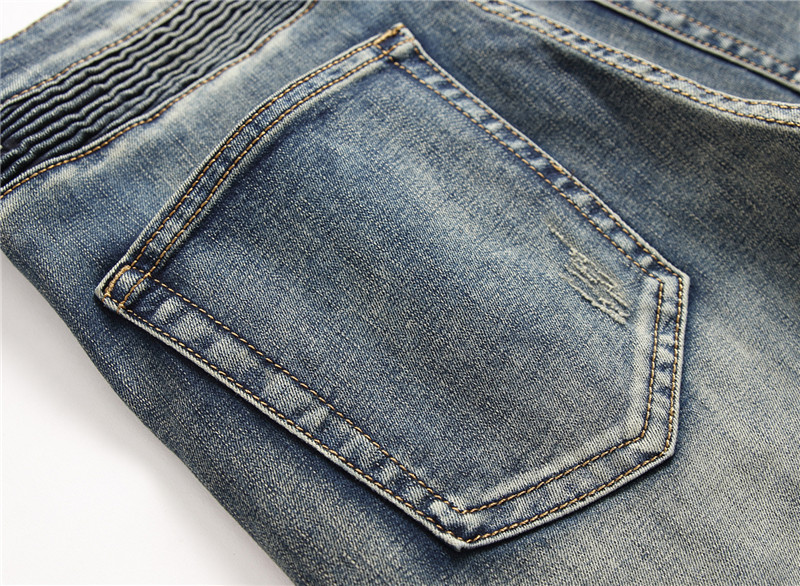 Retro Crumpled Hole Patch Elastic Straight Skinny Jeans 3