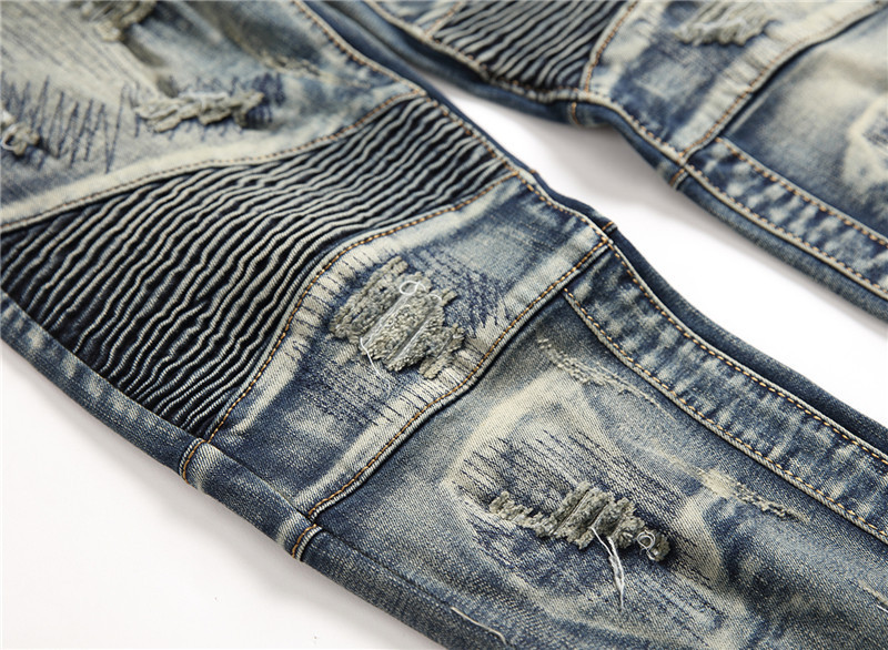 Retro Crumpled Hole Patch Elastic Straight Skinny Jeans 10