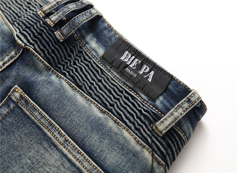Retro Crumpled Hole Patch Elastic Straight Skinny Jeans 9